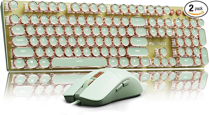 EWEADN Wired Typewriterkeyboard and Mouse Combo, Typewriter Style Mechanical Gaming Keyboard,104 Keys Backlit LED Keyboards, Media Control Knob, Wired Keyboard Pink Switch for Windows/Mac/PC-Green