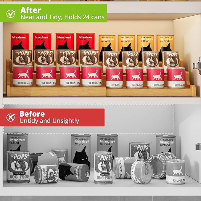 Expandable Bamboo Cat Food Can Storage for Pantry, 3-Tier Adjustable Can Organizer Shelf for Pet & Human Cans, Canned Goods & Food Storage for Cabinets, Holds Up to 24 Cans (Patent Pending)