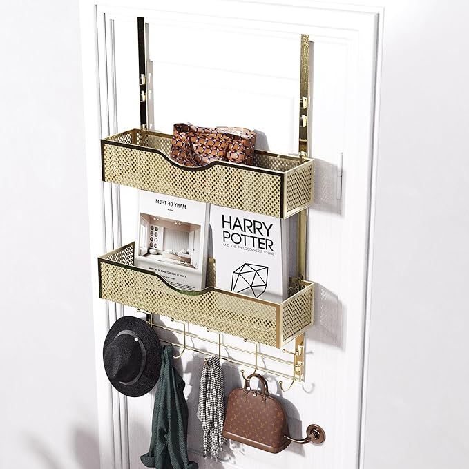 BRENNHOLZ Over The Door Hooks Organizer,Coat Rack with 10 Hooks and 2 Mesh Baskets,Back of Door Storage Organizer for Bathroom,Bedroom,Kitchen,Office(Golden)