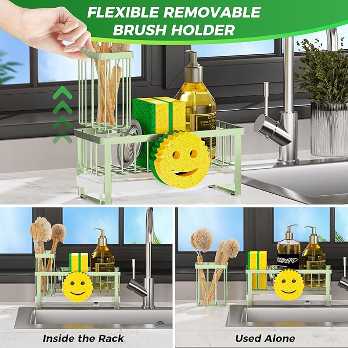 Sponge Holder for Kitchen Sink,Sink Caddy with Removable Dish Brush Holder,Self-Draining Kitchen Countertop Organizers and Storage Essentials,Soap Dispenser Organize and Home Decor-Green