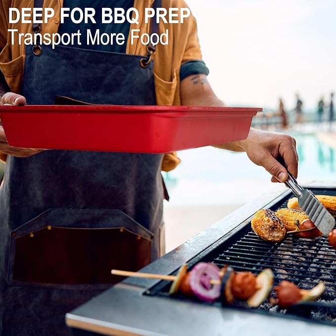 Bamboo Grilling Prep and Serve Trays with lid, BBQ Tray for Marinating Raw and Cooked Food, Diswasher Safe Nesting Trays Black in Red