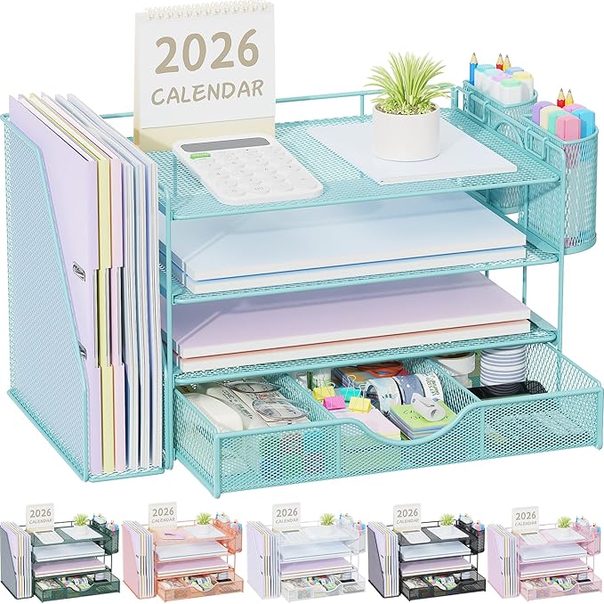 gianotter Desk Organizers and Accessories with File Holder, 4-Tier Desk Accessories & Workspace Organizers with Drawer and 2 Pen Holder, Paper Organizer for Office Supplies (Blue)