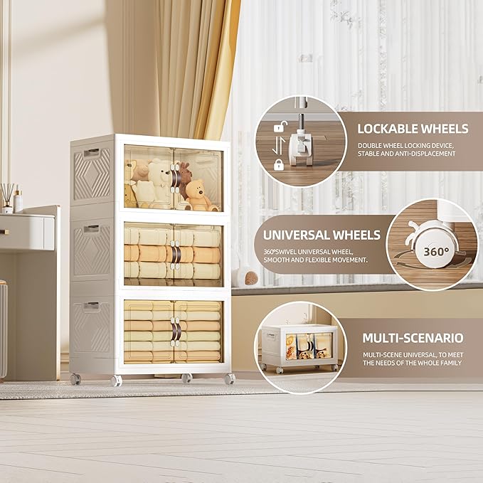 200 QT / 50 Gal Extra Wide Foldable Plastic Cabinet with Double Magnetic Doors & Leather Handles - Stackable, 4 Locking Wheels, Space Saving Storage for Small Spaces