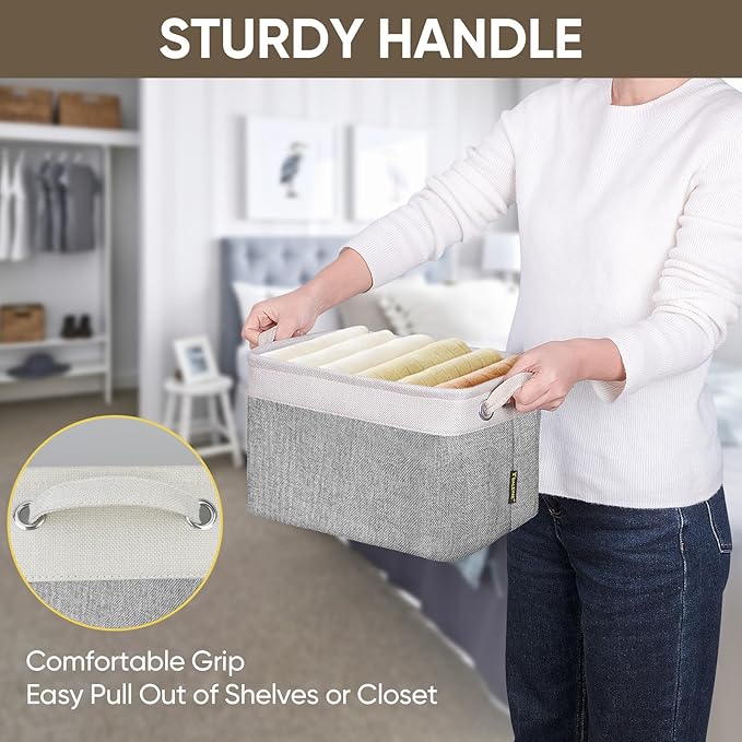 BALEINE 3 Pack Fabric Storage Bins for Shelves, Linen Storage Baskets for Organizing, Decorative Closet Bins for Clothes, Home (Grey, 12"x8"x8")