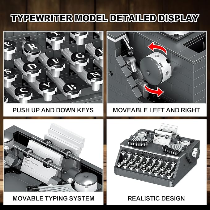 XIU Ideas Retro Typewriter Building Blocks Set,Typewriter Mini Building Blocks Set for Adult,STEM Vintage Building Blocks Kit for Kid 6+(1136pcs),Collectible Typewriter Display Model Black