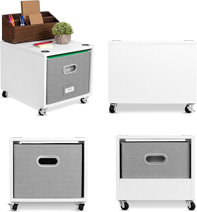 BIRDROCK HOME Rolling File Cabinet – Decorative Storage Shelf w/Removable Bins, Handles, and Wheels – Organize Files, Books, Toys, Under Desk Office Solution, Modern Design - 1 Lateral Drawer, White