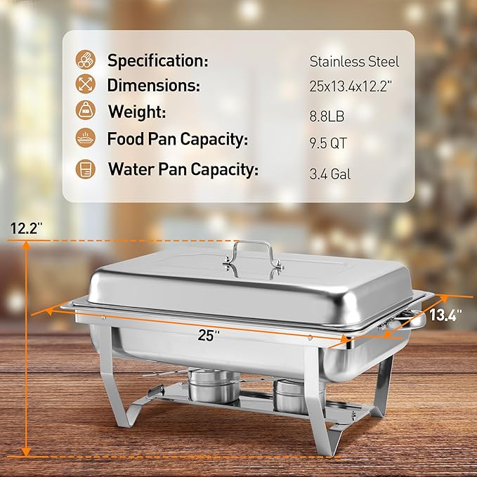 Rengue 9.5 QT Chafing Dishes, 4 Pack High Premium Stainless Steel Complete Set, Rectangular Chafing Dish Buffet Set, Heating and Cooling Chafing Dish for Gatherings Banquet, Buffet, Party, Wedding