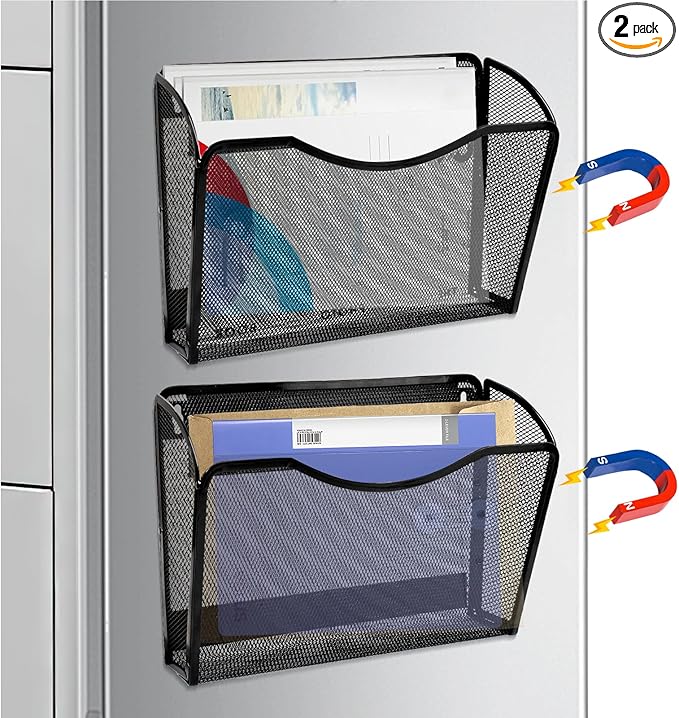 2-Pack Magnetic File Holder-File Folder Organizer, No Drilling Paper Document Holder, Large Capacity Office Hanging Magazine Rack for Refrigerator, File Cabinets, Whiteboard, Office