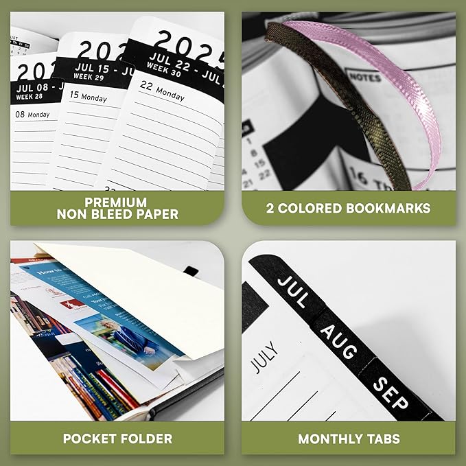 Ensight 2025-2026 HARDCOVER Leather Planner Weekly & Monthly - 6.5x8.5 Inches - Academic Planner Business Personal or Student - Pen Holder, Thick Paper, July 2025 - June 2026 (Olive Green)