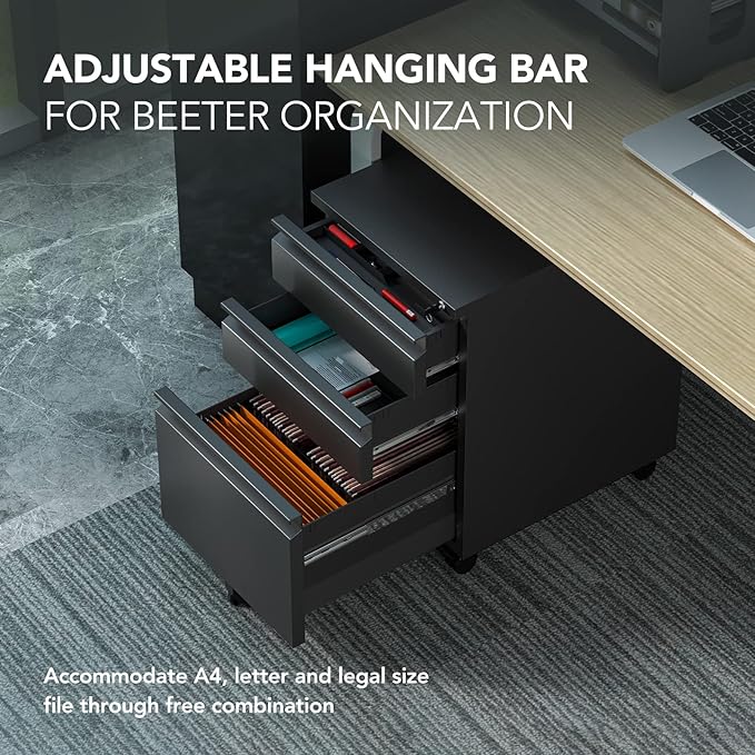 FLEXISPOT 3-Drawer Mobile File Cabinet for Home Office - Under Desk Storage, Locking Keys, Organizer for Legal/Letter/A4 Files, Black