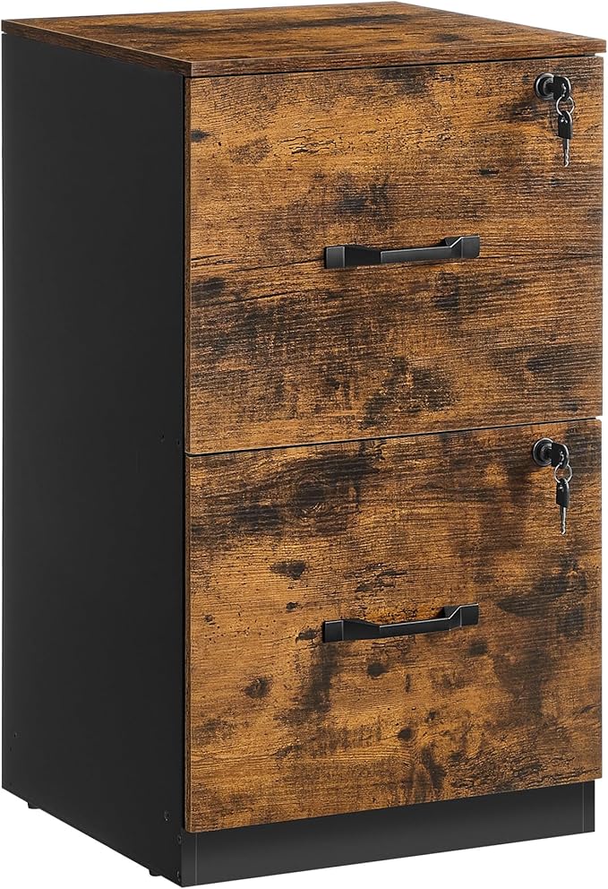VASAGLE 2 Drawers File Cabinet with Lock, Printer Stand, Office Filing Cabinet Organizer, for A4 and Letter Size Documents, Rustic Brown and Ink Black UOFC061B01