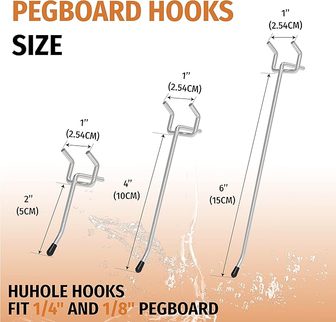 HUHOLE Pegboard Hooks 2 Inch 50PC, Ideal Garage Organization, Wall Storage Tool Organizer, Fit 1/4" 1/8" Peg Board with Plastic Tip (Silver, 2 Inch)
