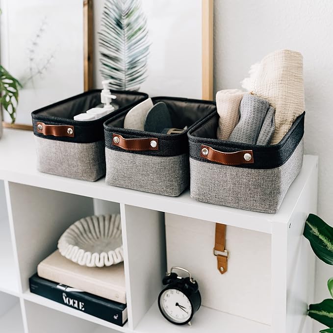OrganiHaus Small Fabric Storage Baskets for Shelves 3 Pack, 12x08in Closet Storage Bins for Shelves, Canvas Baskets for Organizing, Linen Closet Organizers, Cloth Basket, Gray/Black