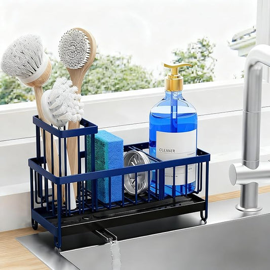 Cisily Navy Blue Sponge Holder Sponge Holder for Kitchen Sink, Sink Caddy Organizer with High Brush Holder, Kitchen Countertop Organizers and Storage Essentials