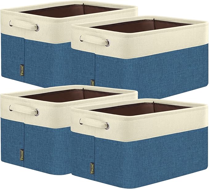 BALEINE 4 Pack Fabric Storage Bins for Shelves, Linen Storage Baskets for Organizing, Decorative Closet Bins for Clothes, Home (Navy Blue, 17''x13''x10.5'')