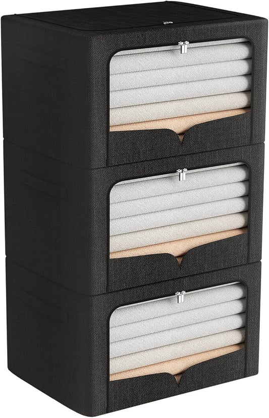 FHSQX 3 Pack Clothes Storage Bins Foldable Metal Frame Storage Box Stackable Linen Fabric Organizer Set with Carrying Handles and Clear Window (Black, 15.7x11.8x7.8inch(22L))