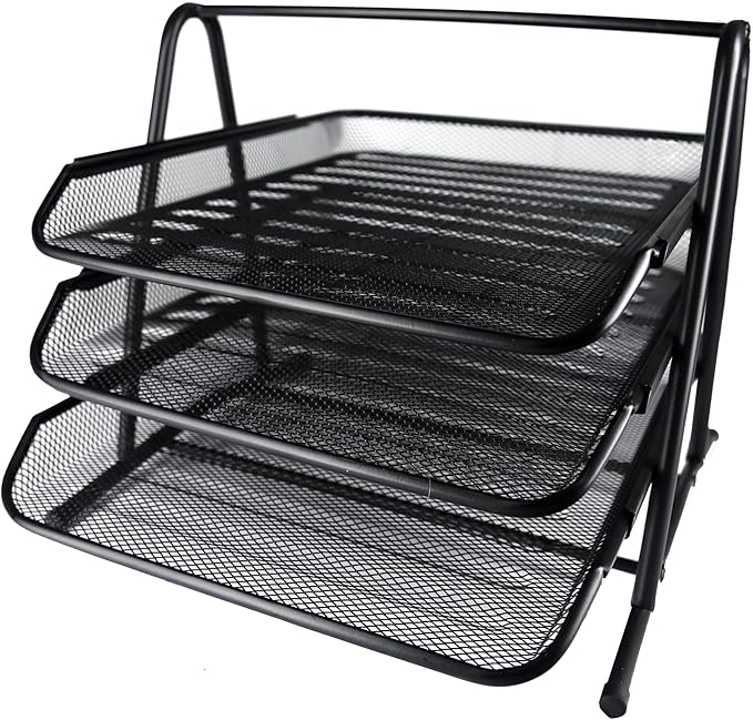 Huron Desktop Horizontal File Binder Organizer Storage Letter Tray, 3 Slot, Black Steel Mesh