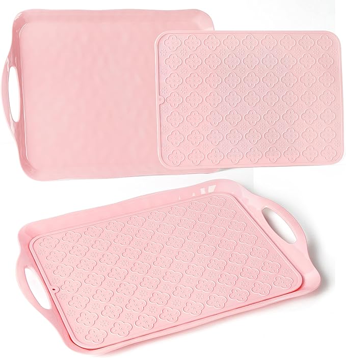 LEHAHA Melamine Serving Tray with Handles, 17.25 x 12 Inch Aesthetic Serving Platters and Trays with Curved Sides, Tray for Lunch, Coffee, or Breakfast, 4pcs Set, Silicone placemats Included,Pink