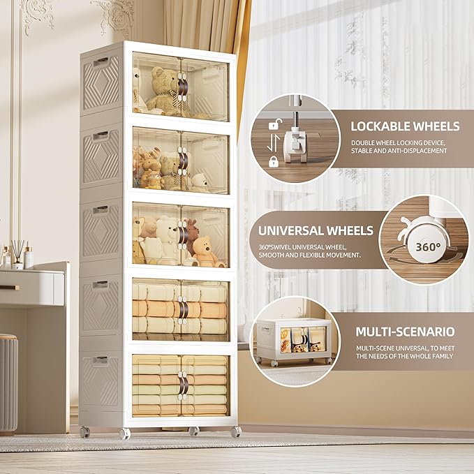 332 QT / 83 Gal Extra Wide Foldable Plastic Cabinet with Double Magnetic Doors & Leather Handles - Stackable, 4 Locking Wheels, Space Saving Storage for Small Spaces