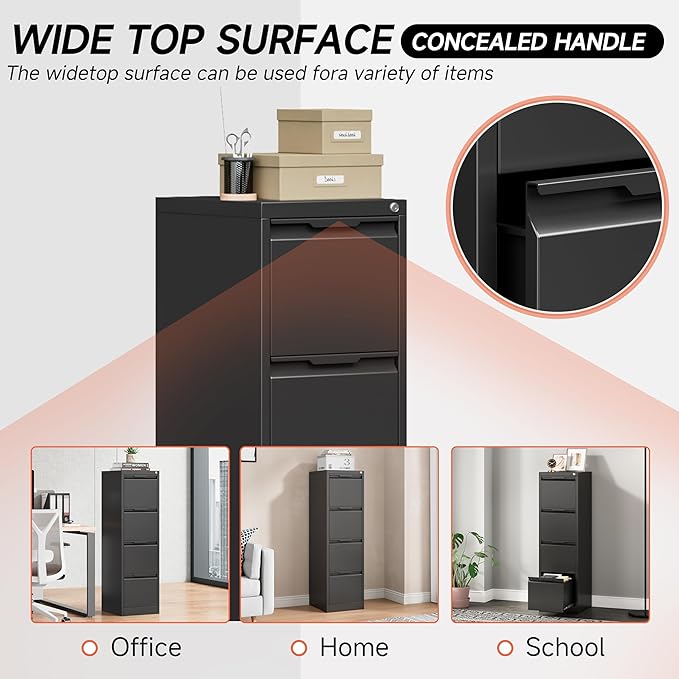 4 Drawer File Cabinet with Lock,17.8" Deep Vertical Metal Filing Cabinet for Home Office,Locking Drawer Tall for Hanging Letter/A4/Legal Folders, Easy Assemble-Black