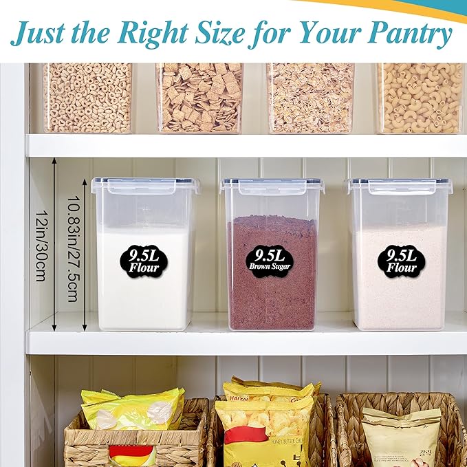 Vtopmart 9.5L 2 Pack Extra Large Flour Sugar Storage Containers for 25lbs flour, Airtight Kitchen Pantry Organization Canisters with Lids for Bulk food, Rice, Baking Supplies, BPA Free, Black