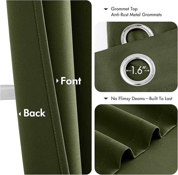 MIULEE Olive Green Blackout Curtains for Bedroom Living Room 90 Inches Long 2 Panels, Thermal Insulated Room Darkening Drapes Solid Grommet Top Noise Reducing Dark Green Window Treatments 40x90 Inch