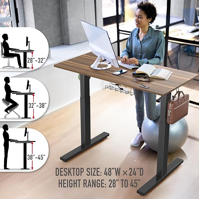 SHW 48-Inch Electric Height Adjustable Standing Desk with Drawer, Memory Preset and Cable Management Tray, Walnut