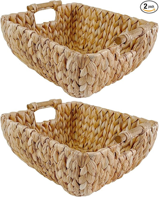 Medium Rectangular Handwoven Wicker Basket - Water Hyacinth Storage Baskets with 2 Polished Wooden Handles for Store Hand Towel, Fruits & Veggies etc – 10.75"x15.25"x5" - Pack of 2 - Natural
