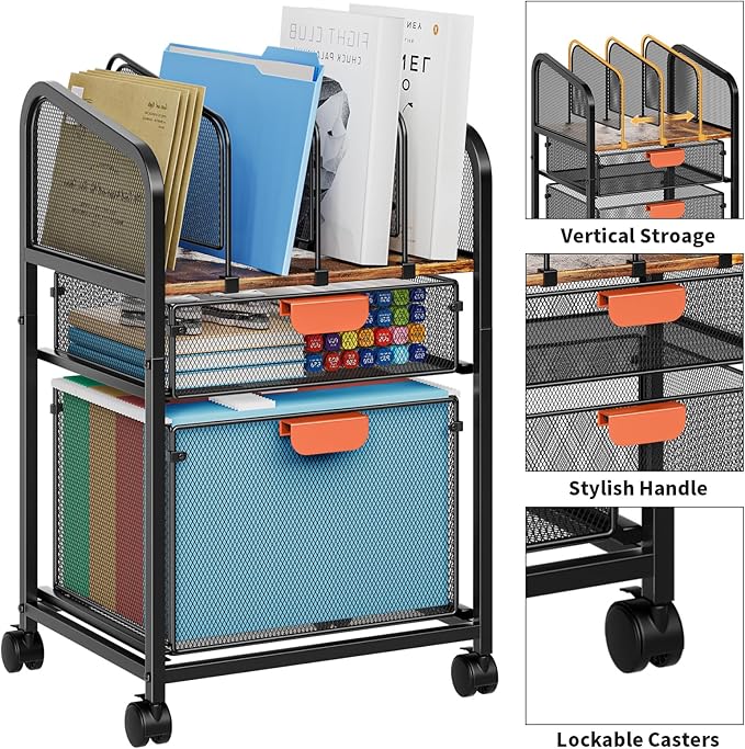 Marbrasse Rolling File Cart with Adjustable Dividers, Mobile File Cabinet on Lockable Wheels, Office Filing Cabinet Organizer, Hanging File Folder Organizer for Home Office - Dark Brown