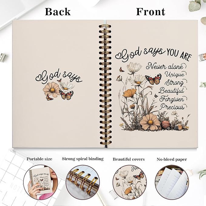 Bible Notebook, A5 Spiral Christian Journal with Floral Notebook, Bible Verse-God Says You Are, Inspirational Notebooks for Women, Bible Study, Gift for Birthday Christmas