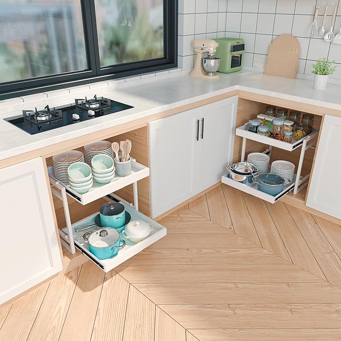 REALINN 2 Tier Pull Out Cabinet Organizer, 21 inch Depth Slide Out Shelves, Expandable 14"-22.5" Wide Heavy-Duty Cabinet Drawers for Kitchen Pots, Pans & Pantry Storage, White