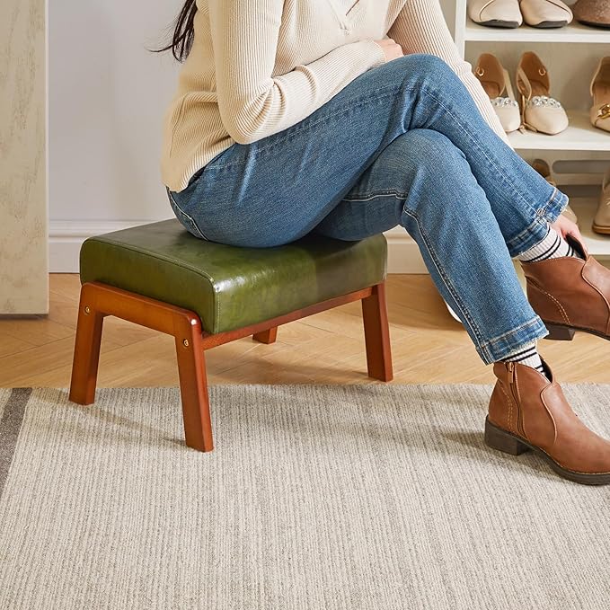 IBUYKE 10.2” H Small Foot Stool Ottoman, Rectangle PU Faux Leather Foot Rest with Padded Seat and Wood Legs, Modern Accent Ottoman Foot Rest for Living Room Bedroom Couch Office, Dark Green WBD013GR