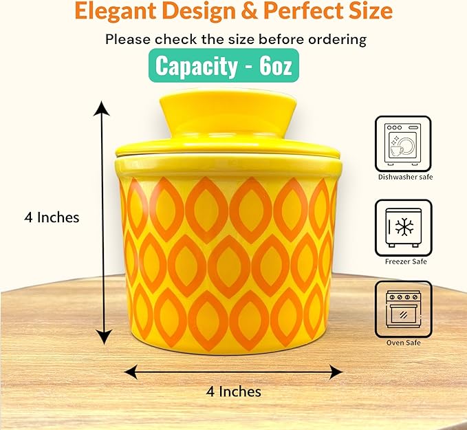 Butter Crock with Lid for Countertop, Butter Keeper Crock with Water, French Butter Dish Ceramic, Butter Holder with Lid for Spreadable Butter, Butter Container for Counter (Yellow Ovals)