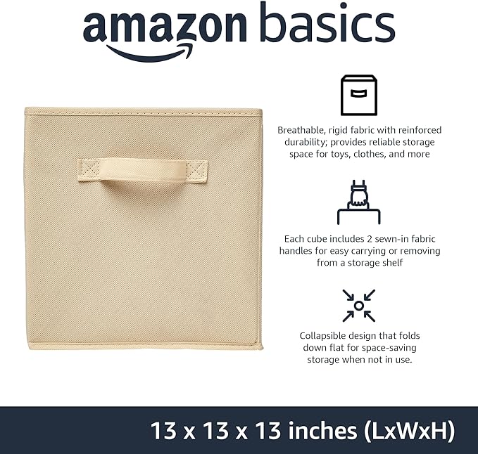 Amazon Basics Collapsible Fabric Storage Cube Bins Organizer with Handles, Sturdy, Beige, 13-x-13-x-13-inch, Pack of 6