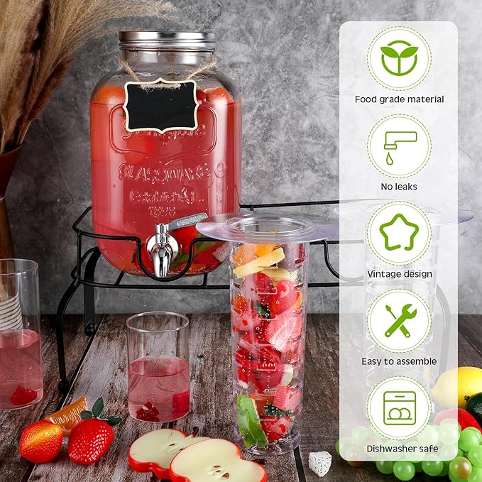 Lallisa 2 Pcs 2 Gallon Glass Drink Dispenser with Stand Ice Cylinder Hanging Chalkboard Signs 18/8 Stainless Steel Spigot Beverage Dispensers for Parties Mason Jar Drink Lemonade (Silver Spigot)