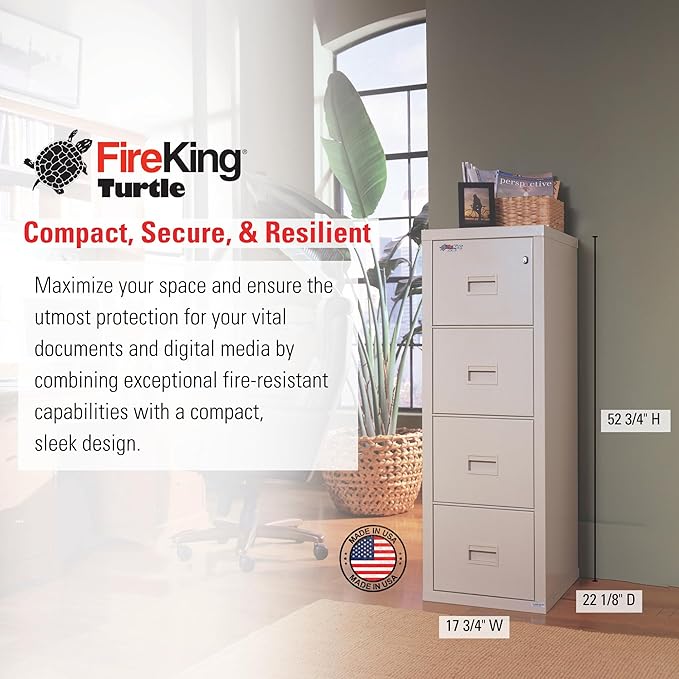 FireKing Turtle Vertical 4 Drawer Legal and Letter Fire Safe File Cabinet with Key Lock, 1 Hour Fire Rated, UL Rated & Water Resistant Home Safe, Filing Cabinet, Made in The USA, Platinum