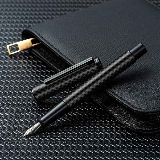 Hongdian Black Carbon Fiber Fountain Pen Extra Fine Nib Elegant Design Smooth Writer with Refillable Converter and Metal Pen Case Set