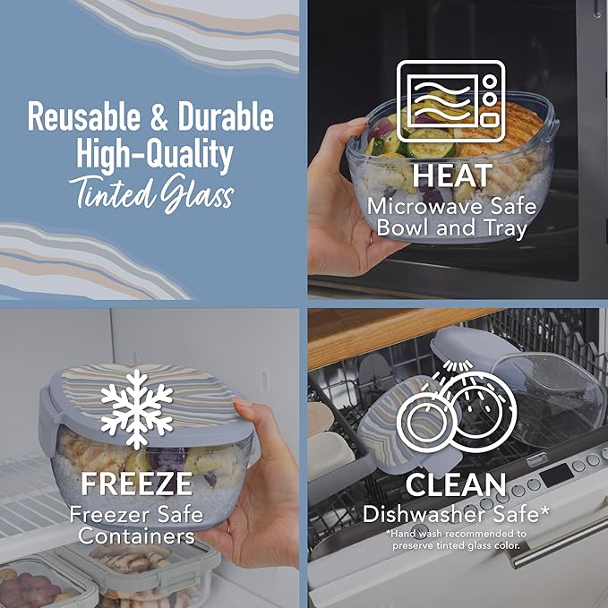 Bentgo Glass Prints All-in-One Salad Container - 61oz Tinted Glass Salad Bowl with Lid, Bento-Style Tray, Sauce Container, & Reusable Fork - Dishwasher & Microwave Safe (Wildly Chic - Soft Blue)