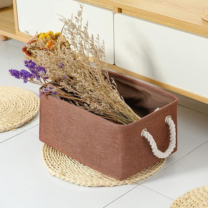 TheWarmHome Fabric Storage Basket for Home, Shelf, Closet - Canvas Bin for Dog Toys and Baby Items (Brown, 1 Pack, 13.8L9.8W6.7H)