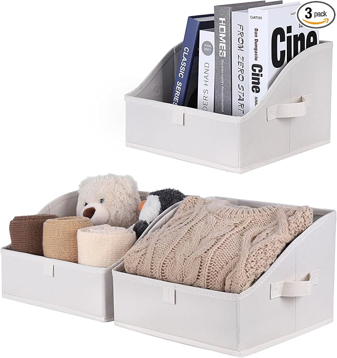 WUIKE Closet Storage Bins, Large Trapezoid Storage Boxes with Handles, Fabric Storage Baskets for Organizing Clothes, Sheets, Blankets, Decorative Storage Bins, White & Beige