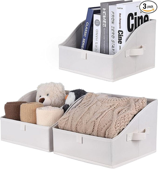 WUIKE Closet Storage Bins, Large Trapezoid Storage Boxes with Handles, Fabric Storage Baskets for Organizing Clothes, Sheets, Blankets, Decorative Storage Bins, White & Beige