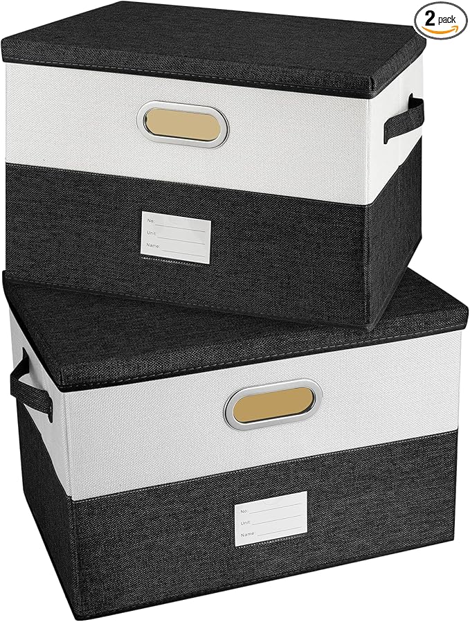 Large Linen Fabric Foldable Storage Bins with Removable Lid and Handles, Washable Storage Box Organizer Containers Baskets Cube with Cover for Bedroom,Office (Black&White, Medium(2-Pack))