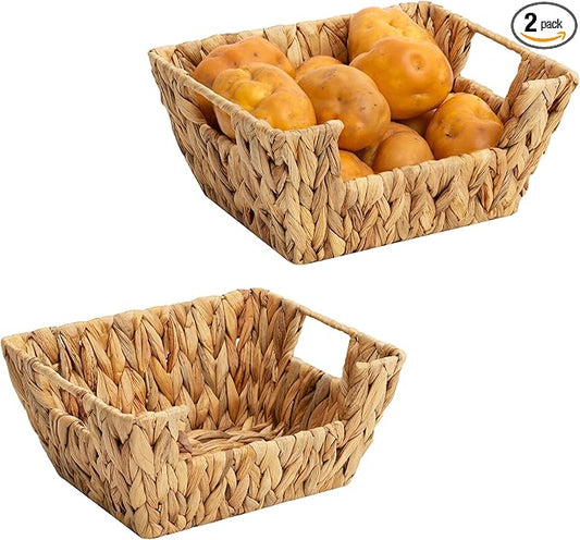 StorageWorks Small Pantry Baskets for Patato and Onion Storage, Wicker Baskets for Organizing with Built-in Handles, Water Hyacinth Pantry Organizers and Storage for Shelves, 2 Pack