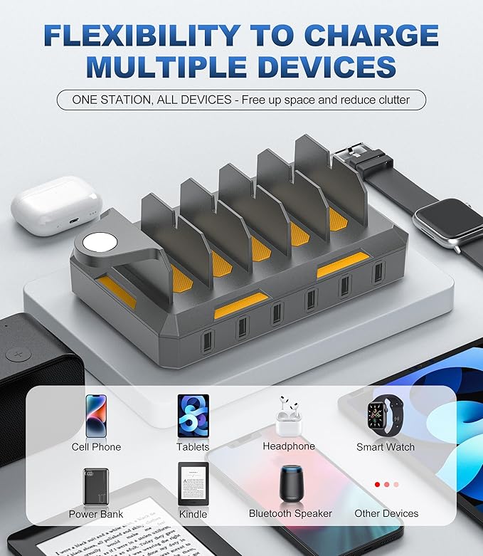 Charging Station for Multiple Devices, Honcila 50W Multiple Charger Station Charging Dock for iPhone iPad Cell Phone Tablet and More - 6 Port Multi Charging Station with 6 Mixed Cables (Space Gray)