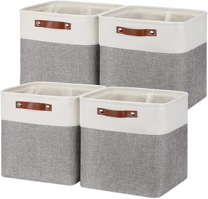 Temary 12 Inch Storage Baskets Foldable Fabric Storage Cubes 4PCs Storage Bins Organizer with Handles, Baskets for Organizing Clothes, Towels (White & Grey, 12 x 12 x 12)