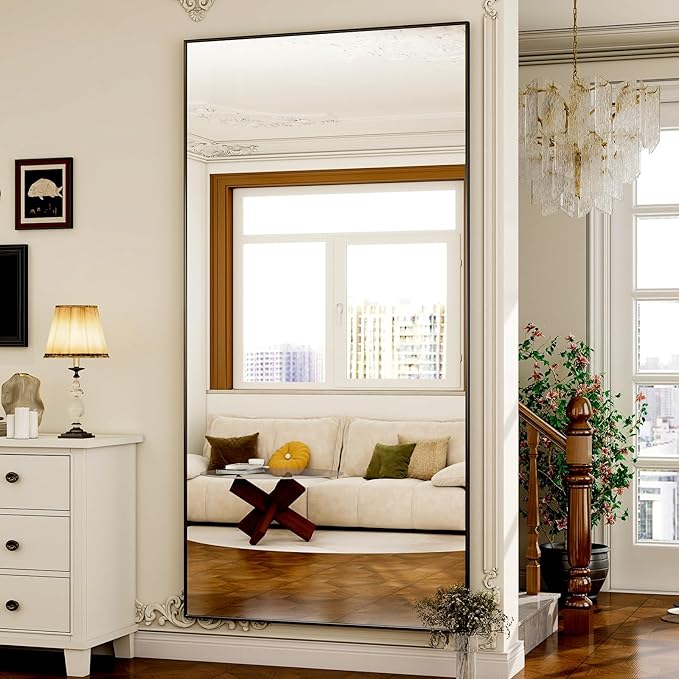 GLSLAND-38 x 77" Rectangular Full Length Mirror - Large Floor Mirrors Aluminum Alloy Frame Full Body Dressing Mirror for Bedroom, Living Room,Black