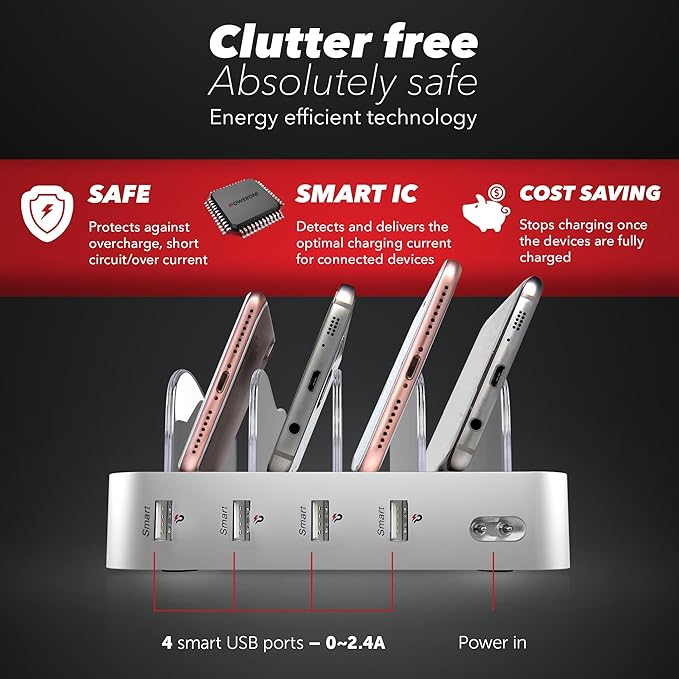 4 Port USB Charging Station - Charging Dock for Multiple Devices - Multi Device Charger Station - Compatible with Apple, iPad, iPhone, and Android - Universal Charge Rack for Phones and Tablets