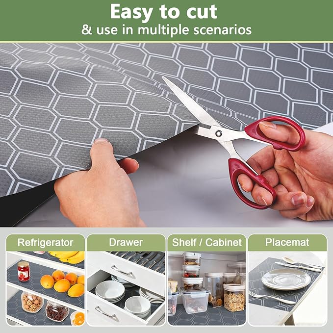 Non-Adhesive Shelf Liner Roll - Waterproof No-Slip Drawer & Cabinet Mat for Kitchen, Refrigerator, Bathroom, Easy to Cut EVA Drawer & Shelf Liners, 12" x 197", Grey