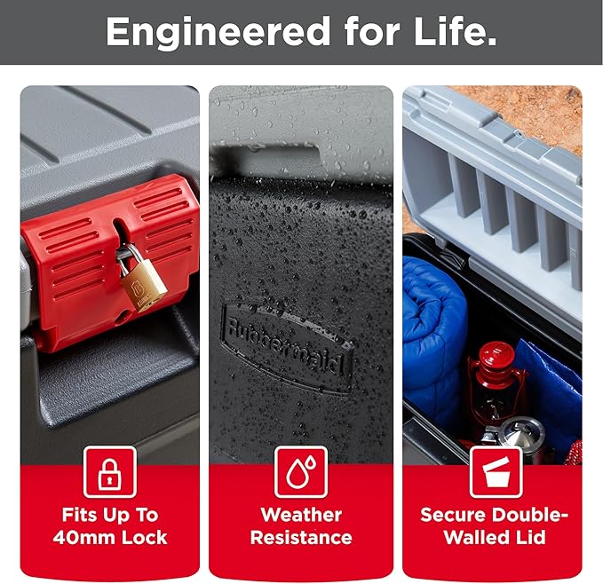 Rubbermaid ActionPacker 35 Gallon, Made in USA, Lockable Plastic Storage Bin with Lid and Wheels- Outdoor, Industrial, Rugged, Camping Gear and Truck Bed Storage - Gray and Black