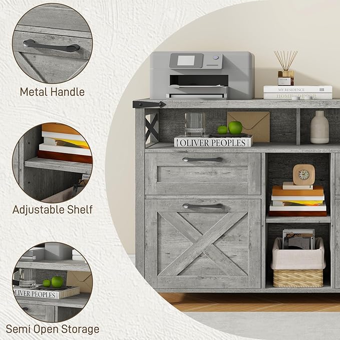 Farmhouse Filing Cabinet with Adjustable Shelf for Home Office, Lateral File Cabinets 4 Drawers with Open Storage Shelf, Filing Organization Storage Cabinets for Hanging Files Letter/A4.(Grey)